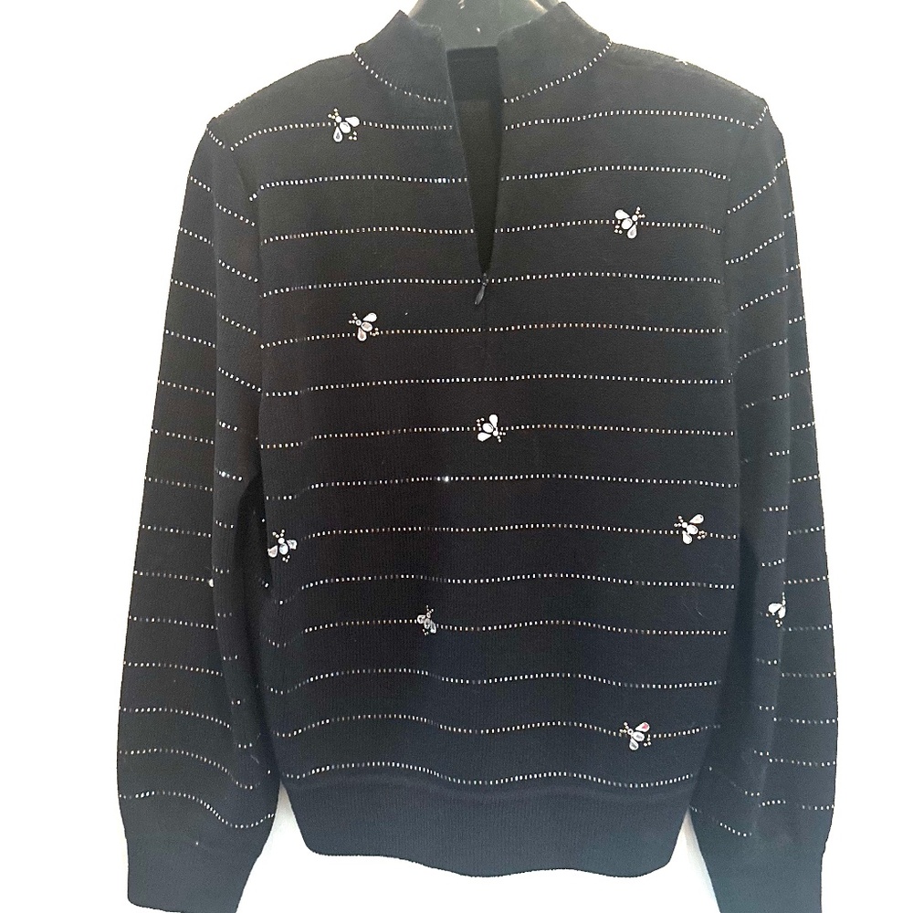 ST JOHN Evening Marie Gray Black Santana Knit Sweater petite